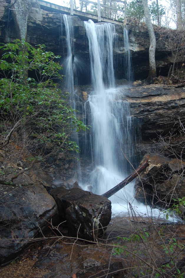 This is the view of Indian Falls from the bottom of the waterfall. There is a boardwalk that crosses the falls that can be seen from the base of the falls. Indian Falls is 20 feet / 6 meters tall.