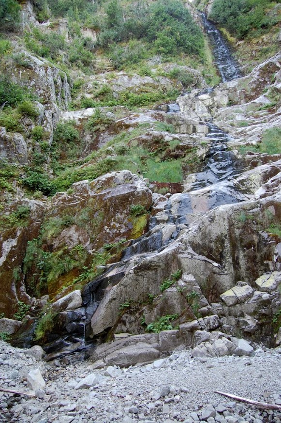 Flood Falls is a 1200 foot / 370 meter tall waterfall in British Columbia. You may only be able to see the bottom 250 feet / 75 meters of the falls. There wasn't much water flowing when visited.