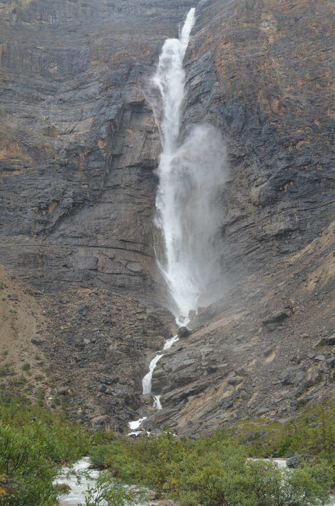 Takakkaw Falls is a narrow 1250 ft / 381 meter tall waterfall in British Columbia.