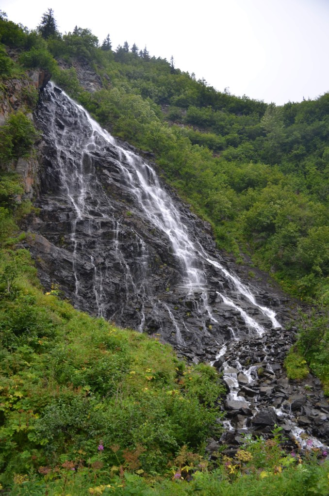 Horsetail Falls is a 330 foot / 100 m waterfall that becomes wider closer to the base. This is found in Alaska.
