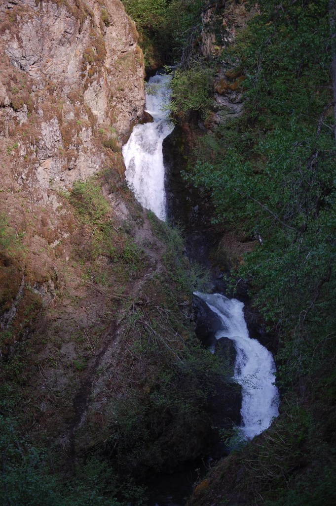 Thunderbird Falls is a 70 foot / 21 meter tall waterfall in Alaska. There are two or three separate plunges visible.