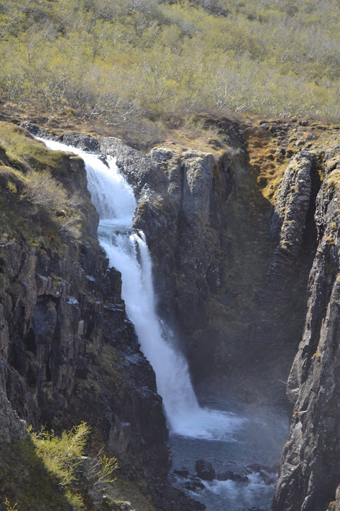 This is the lower portion of Fardagafoss in Iceland. It probably drops 80 feet / 25 meters. This drop doesn't plunge as much as the upper portion. Instead, this lower portion cascades down the cliff.