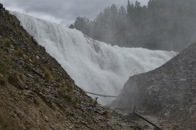 Wapta Falls from the base. The falls are 58 feet tall, but 300 feet wide, and there's an amazing amount of water flowing over the falls.