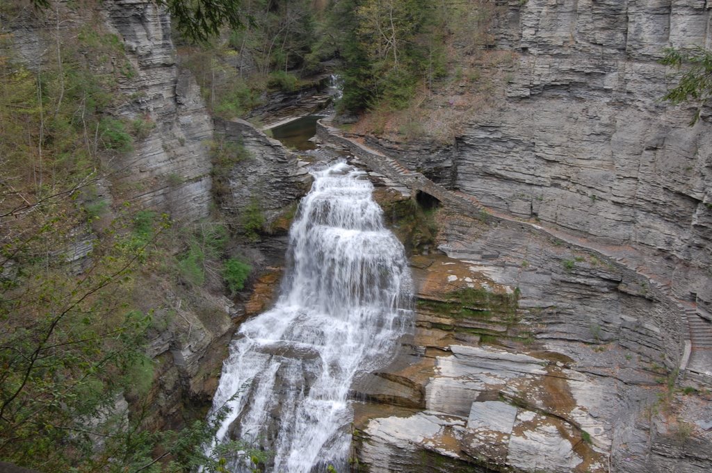 Lucifer Falls is a 115 foot / 35 meter tall waterfall found in Robert H Treman State Park in Ithaca, New York. This photo is from May 2009 when there was a higher level of water flowing. This view is from the Rim Trail.