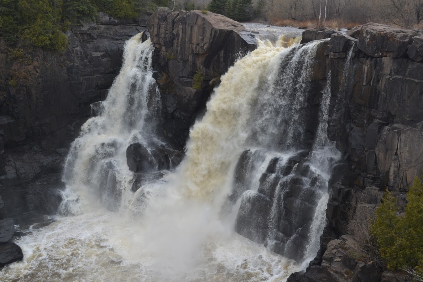 High Falls of the Pigeon River viewed from the Ontario side. This is a 120 foot / 37 meter tall waterfall at the border of Ontario, Canada, and Minnesota, United States.