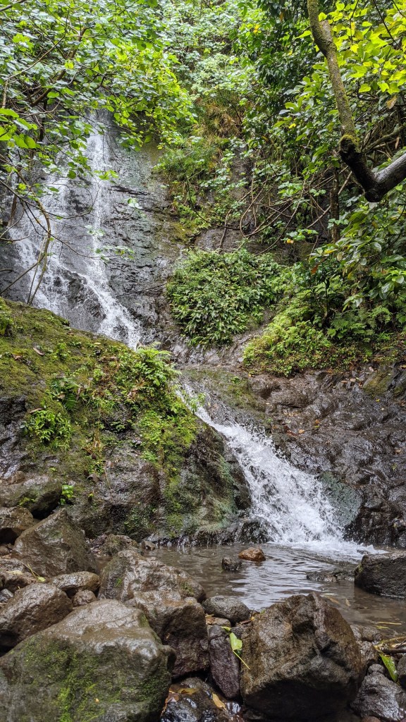Likeke Falls is a 30 foot / 9 meter tall waterfall on the Hawaiian Island of Oahu.