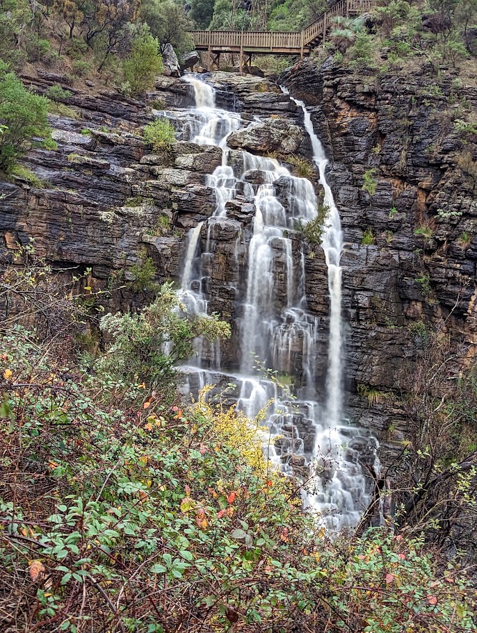 This is Morialta Second Falls in Morialta Conservation Park outside of Adelaide in South Australia. The waterfall is approximately 50 feet (15 meters) tall. There is a pathway that goes above the falls.