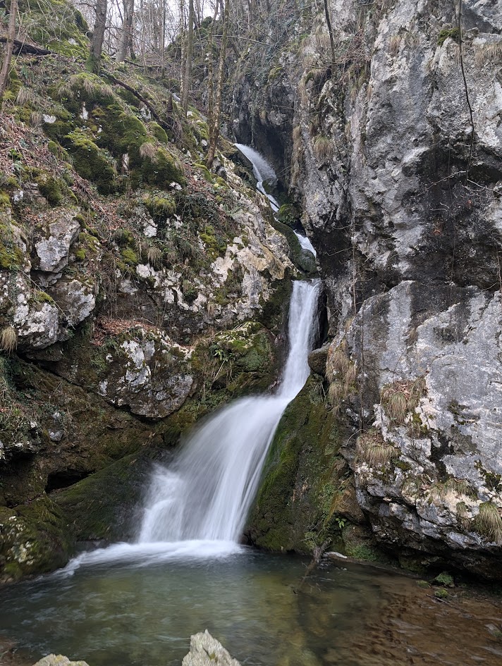 This is a 30 foot/ 10 meter waterfall in Slovenia called Tilnik Falls. 