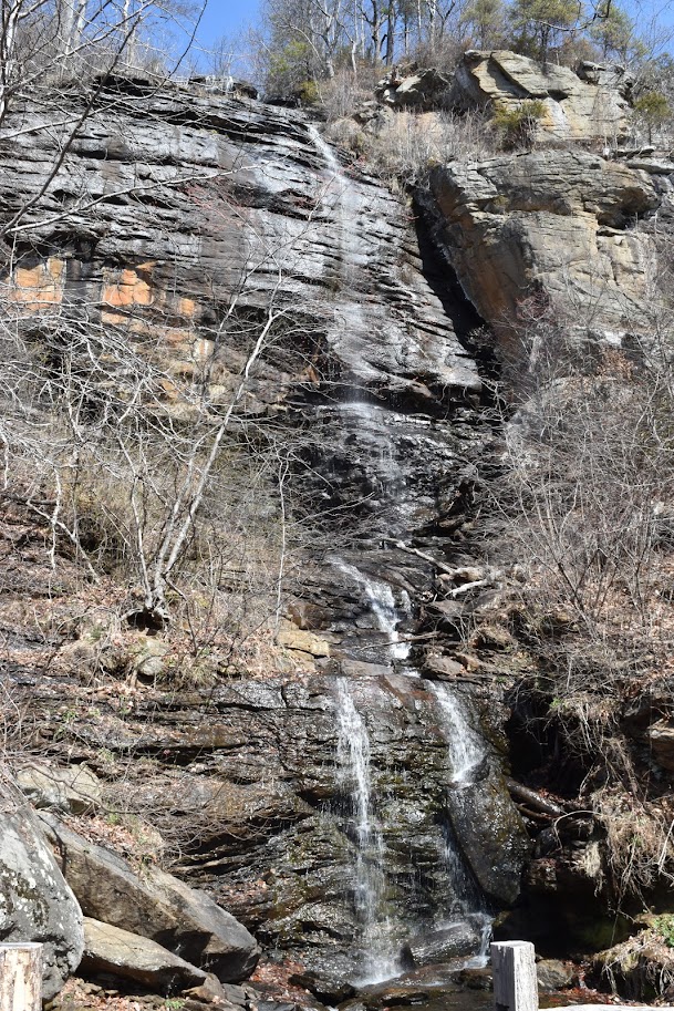 This is Shunkawauken Falls, a 90 foot/ 30 meter tall waterfall found in North Carolina. There isn't much water flowing over the falls.