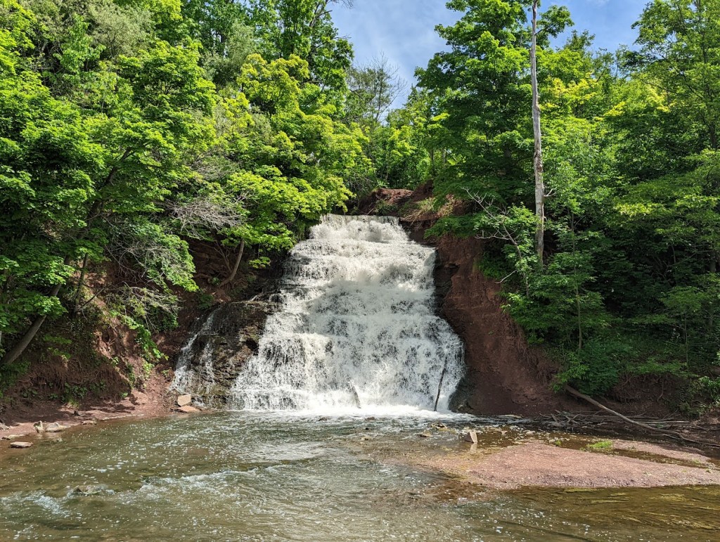 This Holley Falls, a waterfall in Upstate New York. The waterfall is about 40 feet / 12 meters tall. 