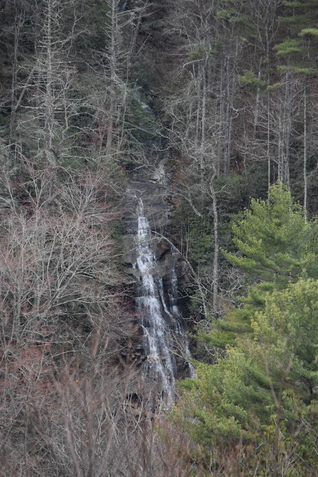 This is a tall but thin waterfall in the mountainous areas of North Carolina. The waterfall is approximately 200 feet or 61 meters tall and is surrounded by many trees. In this photo, it was spring so the the trees did not have leaves. The falls were more visible because of this.