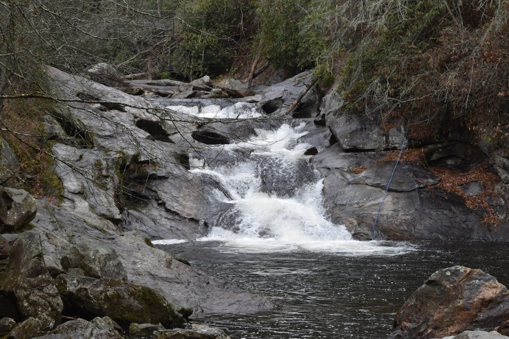 Quarry Falls is a 15 foot / 5 meter tall cascade and rock slide that empties into a deep pool.